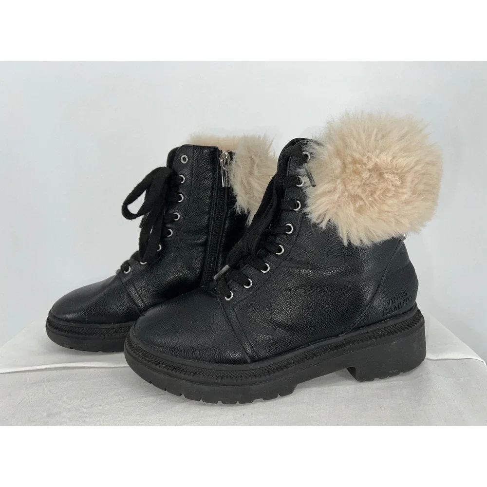 Vince Camuto Kids Black Leather Faux Fur Trim Lace Up Combat‎ Boots Side Zip